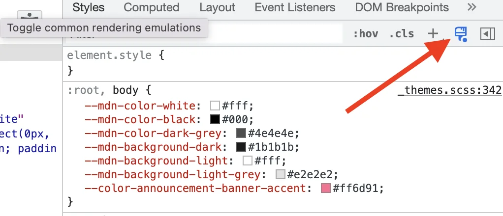 A cutout of the Chrome developer tools with a red arrow pointing on an icon which will let you toggle between light and dark mode.